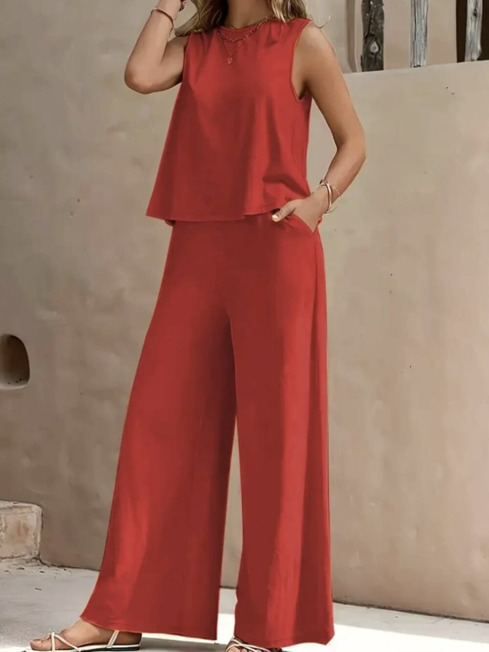Women's Red 2-Piece Pant Set – Sleeveless Top & High Waist Wide Leg Trousers